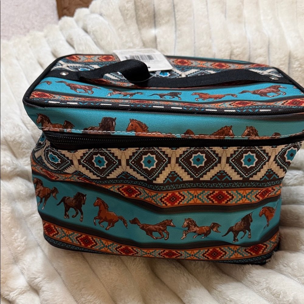 Teal Aztec Horse Print Cosmetic Bag